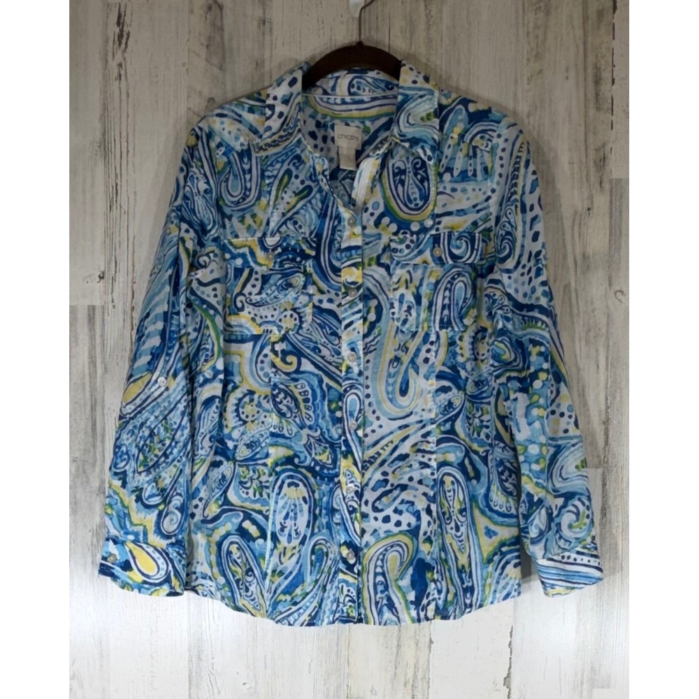 Chicos Button Up Size 0 or Small Blue Paisley Watercolor Lightweight Roll‎ Tab